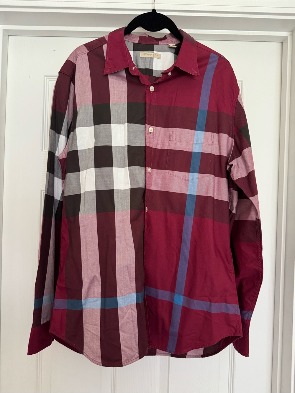 Burberry Men's Burgundy Plaid Long-Sleeve Button-Down Shirt